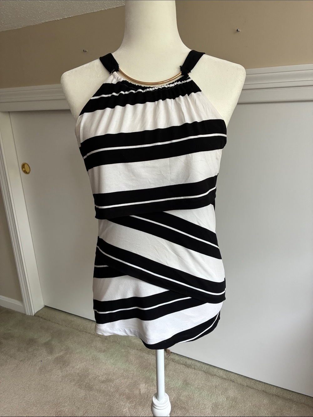 White House Black Market Black & White Striped Halter Top with Gold Accent